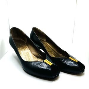 Vintage Bruno Magli Black and Gold Heeled Slides